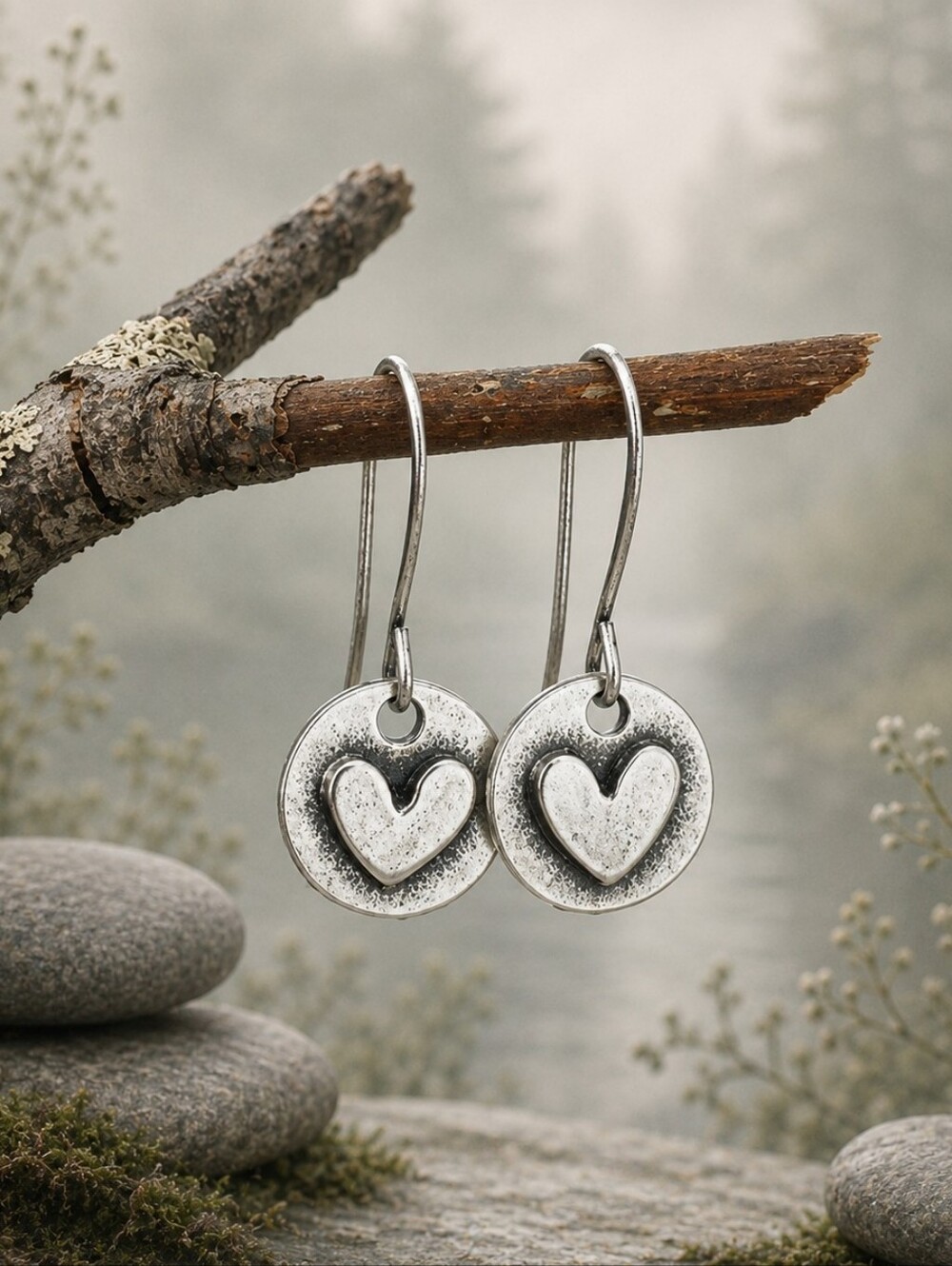 Silver Heart Earrings Minimalist Rustic Artisan Hand Crafted